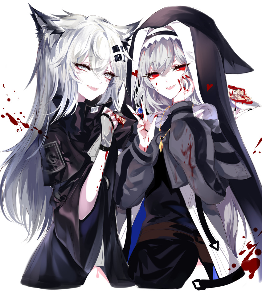 2girls :d absurdres animal_ear_fluff animal_ears arknights bangs black_dress black_jacket cowboy_shot dress eyebrows_visible_through_hair eyelashes fingerless_gloves gloves grey_eyes grey_gloves grey_jacket habit hair_between_eyes hand_on_own_cheek hand_up hands_up heart highres jacket jewelry lappland_(arknights) long_hair long_sleeves looking_at_viewer multiple_girls nun open_mouth pendant puffy_sleeves scar scar_across_eye sheya side_slit silver_hair simple_background smile specter_(arknights) w white_background wide_sleeves wolf_ears