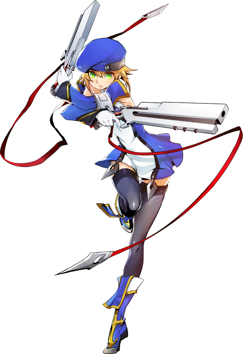 1girl blazblue blazblue:_central_fiction blonde_hair boots breasts dual_wielding gloves green_eyes gun handgun hat highres holding katou_yuuki looking_at_viewer noel_vermillion official_art open_mouth skirt small_breasts solo tagme thigh-highs weapon zettai_ryouiki