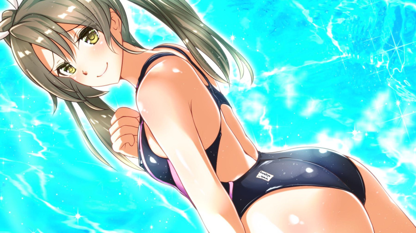 1girl ass black_swimsuit blue_background competition_swimsuit covered_nipples cowboy_shot dutch_angle flat_chest from_behind green_eyes grey_hair highres kantai_collection kumichou_(nakasato-gumi) long_hair looking_at_viewer looking_back one-piece_swimsuit smile solo standing swimsuit twintails zuikaku_(kantai_collection)