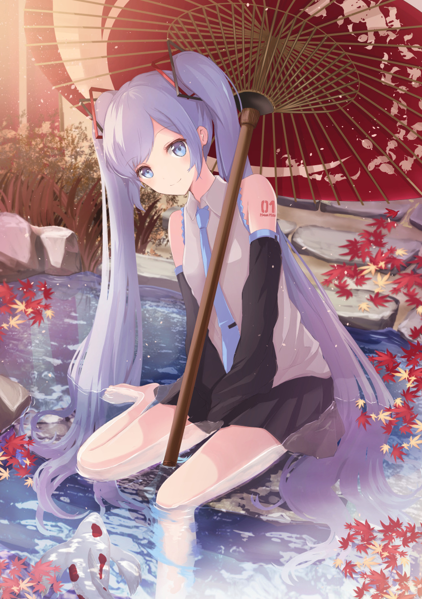 1girl absurdres aqua_eyes aqua_hair aqua_neckwear autumn autumn_leaves bangs bare_legs barefoot black_skirt closed_mouth collared_shirt commentary_request detached_sleeves fish full_body hatsune_miku highres koi long_hair long_sleeves looking_at_viewer necktie oriental_umbrella outdoors pleated_skirt pond shirt sidelocks sitting sitting_on_water skirt sleeves_past_fingers sleeves_past_wrists smile solo sunlight tattoo twintails umbrella very_long_hair vest vocaloid wide_sleeves yuzuaji