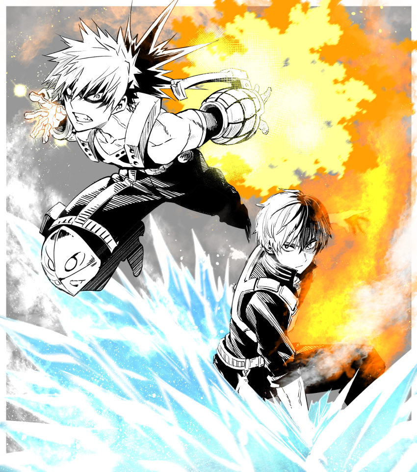 2boys bakugou_katsuki bangs bare_shoulders boku_no_hero_academia clenched_teeth closed_mouth collarbone explosion fire gloves grey_background hair_between_eyes highres ice jacket male_focus multicolored_hair multiple_boys natsupa pants short_sleeves smoke tank_top teeth todoroki_shouto two-tone_background two-tone_hair v-shaped_eyebrows white_background