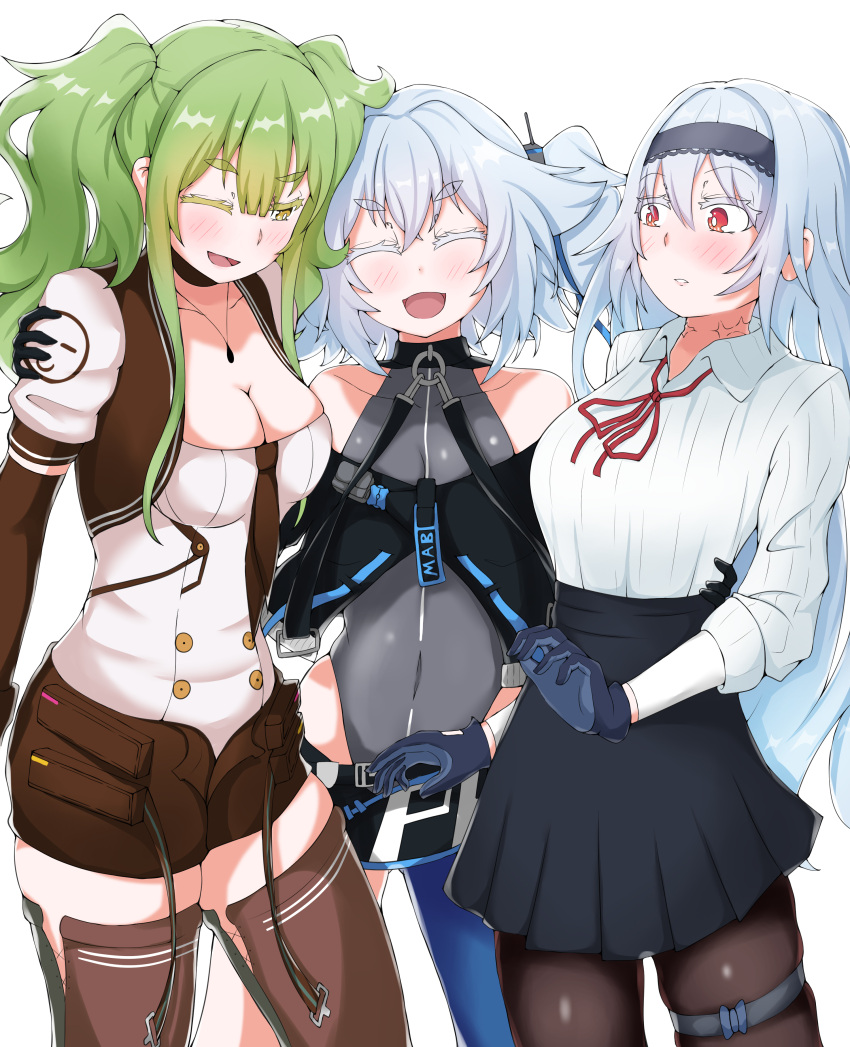 absurdres bangs bare_shoulders black_gloves black_hairband black_leotard blush commentary_request eyebrows_visible_through_hair girls_frontline gloves green_hair hair_between_eyes hairband highres leotard long_hair long_sleeves m950a_(girls_frontline) medium_hair messy_hair multiple_girls neck_scar open_mouth pa-15_(girls_frontline) pantyhose physisyoon red_eyes scar sidelocks simple_background skirt thigh-highs thunder_(girls_frontline) twintails two_side_up