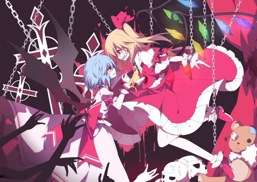 2girls absurdres ascot back_bow bat_wings blonde_hair blood blood_on_face blood_splatter blue_hair bobby_socks bow chain collared_shirt commentary cross crystal disembodied_limb eye_contact eyebrows_visible_through_hair fingernails flandre_scarlet frilled_shirt_collar frilled_skirt frills from_side gla hair_ribbon highres impaled long_fingernails looking_at_another medium_hair multiple_girls one_side_up open_mouth parted_lips pink_shirt pink_skirt profile puffy_short_sleeves puffy_sleeves red_bow red_eyes red_footwear red_nails red_ribbon red_skirt red_vest remilia_scarlet restrained ribbon shirt shoes short_hair short_sleeves siblings sisters skirt skirt_set skull socks stabbed stuffed_animal stuffed_toy sword teddy_bear touhou vest weapon white_legwear white_shirt wing_collar wings wrist_cuffs yellow_neckwear