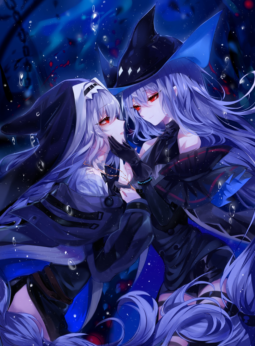 2girls absurdres arknights bangs bare_shoulders black_dress black_gloves black_headwear blue_background capelet cowboy_shot dress eye_contact eyebrows_visible_through_hair from_side gloves grey_capelet habit hair_between_eyes highres long_hair looking_at_another multiple_girls nun open_mouth profile red_eyes sheya side_slit silver_hair skadi_(arknights) smile specter_(arknights) thigh_strap very_long_hair water_drop yuri