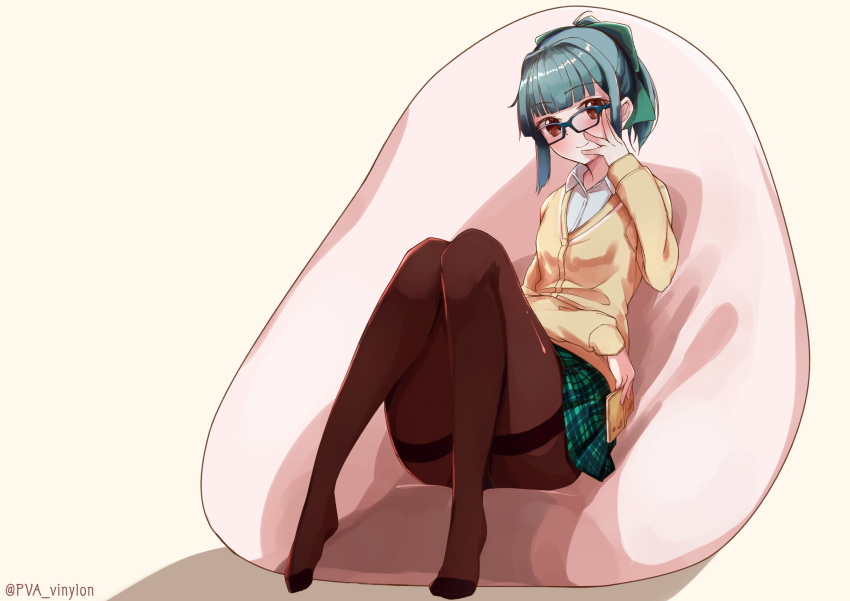 1girl alternate_costume beanie beige_cardigan bespectacled blue-framed_eyewear book bow brown_eyes brown_legwear collared_shirt convenient_leg eyebrows_visible_through_hair full_body glasses green_bow green_hair green_skirt hair_bow hat highres holding holding_book kantai_collection looking_at_viewer no_shoes pantyhose plaid plaid_skirt pleated_skirt ponytail school_uniform shirt sidelocks sitting skirt smile solo uut white_shirt yuubari_(kantai_collection)