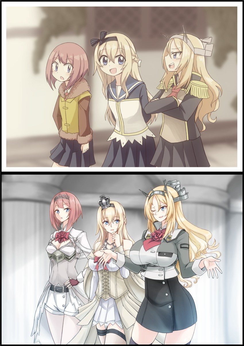 3girls absurdres age_progression ark_royal_(kantai_collection) arms_behind_back before_and_after belt black_belt black_headband black_jacket black_legwear black_skirt blonde_hair blue_eyes blush braid breasts british brown_jacket corset cropped_jacket crown dress epaulettes fingerless_gloves french_braid gloves grey_jacket hairband hand_on_hip hand_to_own_mouth headband headgear highres huge_breasts jacket kantai_collection large_breasts long_hair looking_at_another medium_breasts multiple_girls nelson_(kantai_collection) one_eye_closed open_mouth pantyhose pleated_skirt red_gloves red_neckwear redhead sailor_collar school_uniform sidelocks skirt suke_(share_koube) talking tiara walking warspite_(kantai_collection) white_dress white_legwear younger