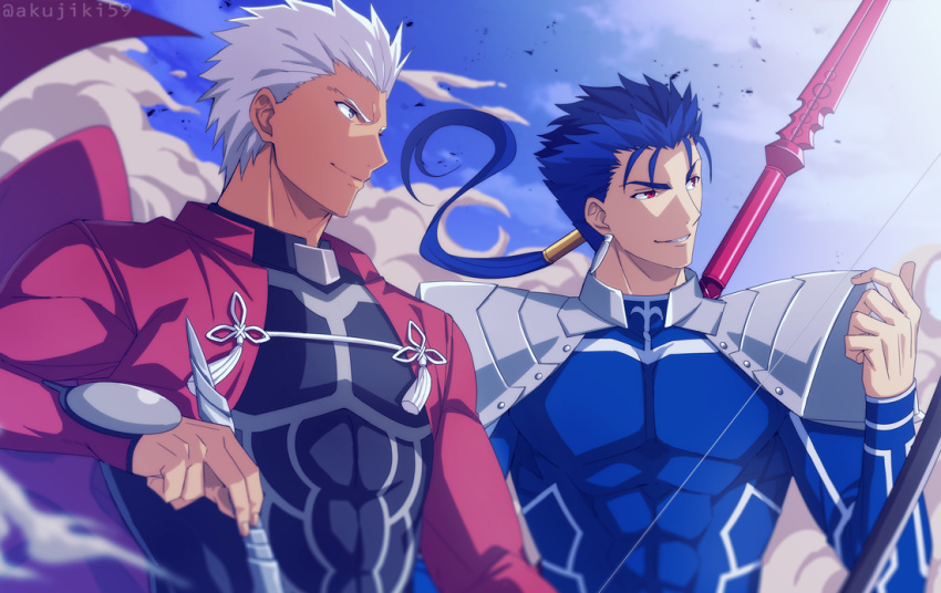 2boys akujiki59 archer_(fate) blue_hair blurry closed_mouth clouds commentary_request covered_abs cu_chulainn_(fate) cu_chulainn_(fate/stay_night) dark-skinned_male dark_skin day fate_(series) floating_hair hair_tubes hand_up holding long_hair male_focus multiple_boys outdoors parted_lips ponytail red_eyes shoulder_plates sky smile smoke spiky_hair white_hair