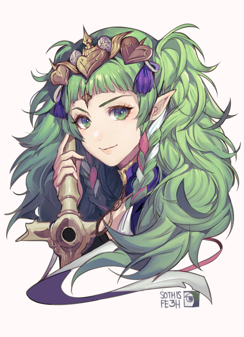 1girl absurdres braid cape closed_mouth fire_emblem fire_emblem:_three_houses green_eyes green_hair hair_ornament highres jewelry long_hair looking_at_viewer manakete pointy_ears ribbon_braid simple_background smile solo sothis_(fire_emblem) tiara twin_braids upper_body velahka