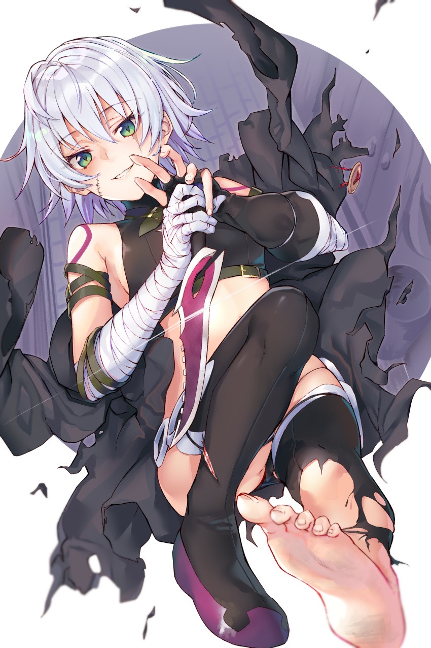 1girl absurdres arm_strap bandaged_arm bandages bangs barefoot black_cape black_cola black_gloves black_legwear blush breasts cape dagger eyebrows_visible_through_hair facial_scar fate/apocrypha fate/grand_order fate_(series) fingerless_gloves gloves green_eyes highres holding holding_weapon jack_the_ripper_(fate/apocrypha) looking_at_viewer scar short_hair simple_background single_glove small_breasts smile solo thigh-highs torn_clothes torn_legwear weapon white_background white_hair