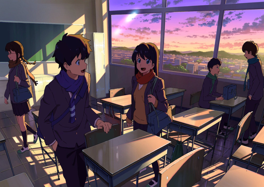 2girls 3boys :d bag blazer blue_scarf brown_hair chair chalkboard cityscape classroom clouds desk evening green_eyes green_scarf hand_in_pocket highres indoors jacket looking_at_another multiple_boys multiple_girls open_mouth original scarf school_bag school_chair school_desk school_uniform shoes sky smile tokoya_(b4ahdfsf42ljwic) uwabaki window