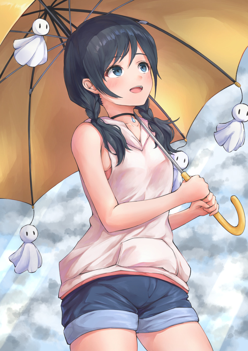 1girl absurdres amano_hina_(tenki_no_ko) b7669726 bangs bare_arms bare_shoulders black_hair blue_eyes blush breasts choker commentary_request eyebrows_visible_through_hair highres holding holding_umbrella hood hood_down long_hair low_twintails short_shorts shorts sleeveless small_breasts smile solo tenki_no_ko twintails umbrella