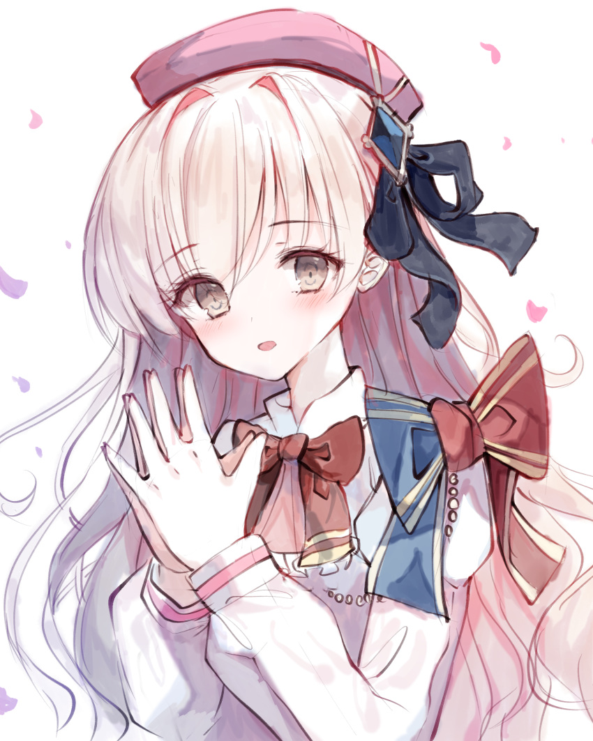 1girl :d absurdres arcaea bangs black_bow blush bow brown_eyes collared_shirt commentary_request eyebrows_visible_through_hair hair_between_eyes hair_bow hair_ornament hands_together hands_up highres hikari_(arcaea) long_sleeves looking_at_viewer open_mouth own_hands_together petals pink_hair puffy_long_sleeves puffy_sleeves red_bow shirt smile solo tandohark upper_body white_shirt