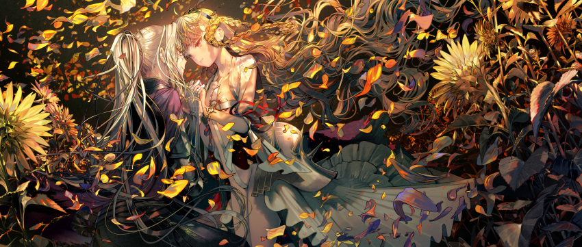2girls absurdres bangs blonde_hair bracelet cape character_request commentary_request cross diamond_(shape) dress dutch_angle eye_contact faulds field flat_chest flower flower_field forehead-to-forehead highres holding_hands huge_filesize interlocked_fingers isekai_goumonhime jewelry long_hair looking_at_another mask multiple_girls parted_lips ponytail profile purple_cape red_eyes sanpaku silver_hair smile spikes ukai_saki very_long_hair wavy_hair yellow_flower