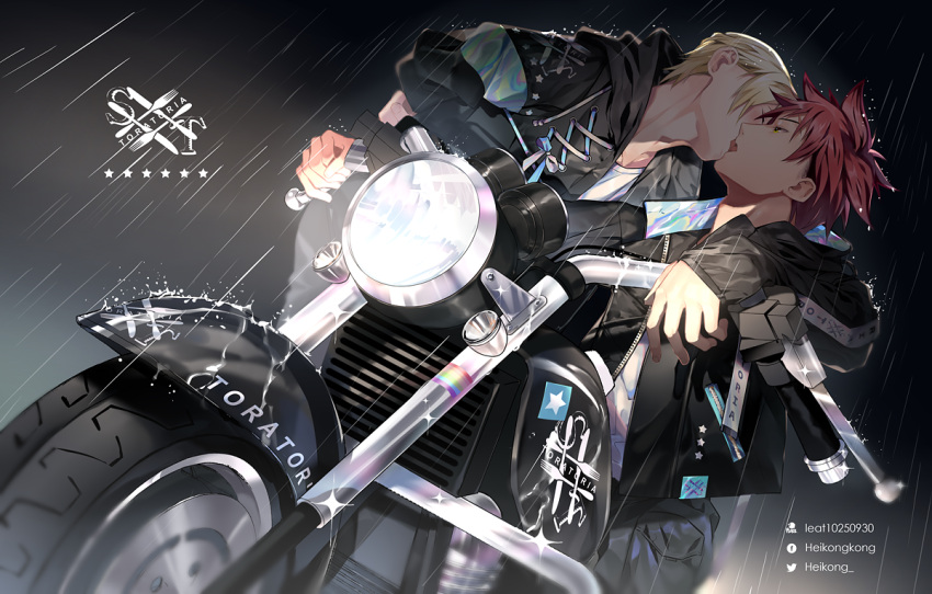 2boys artist_name black_jacket blonde_hair blue_ribbon commentary_request ground_vehicle heikong jacket kiss long_sleeves medium_hair messy_hair motor_vehicle motorcycle multiple_boys rain redhead ribbon shokugeki_no_souma short_hair sitting takumi_aldini yaoi yellow_eyes yukihira_souma