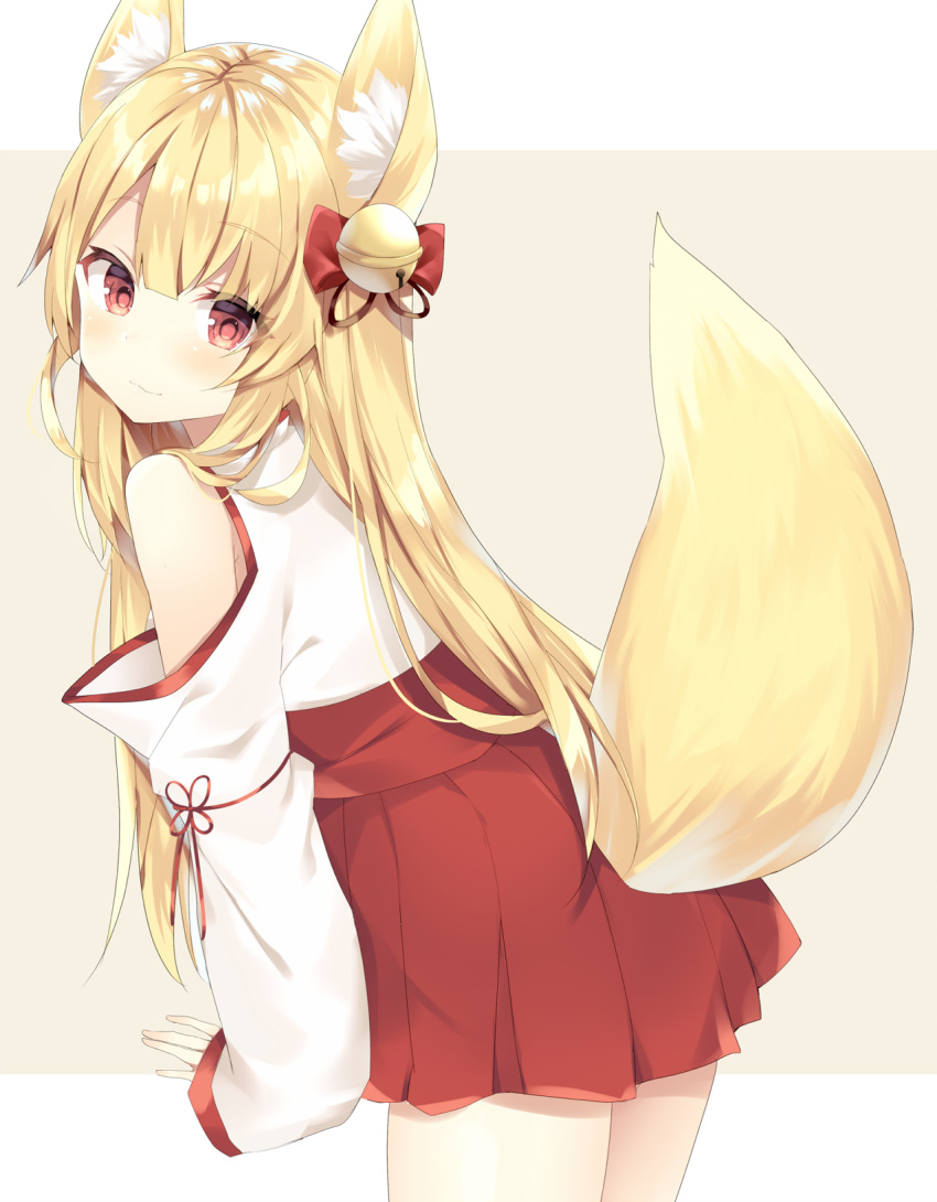 1girl animal_ear_fluff animal_ears bangs bell blonde_hair blush bow brown_background closed_mouth commentary_request eyebrows_visible_through_hair fox_ears fox_girl fox_tail hair_bell hair_between_eyes hair_bow hair_ornament highres jingle_bell komomo_(ptkrx) long_hair long_sleeves looking_at_viewer looking_to_the_side original pleated_skirt red_bow red_eyes red_skirt shoulder_cutout skirt sleeves_past_wrists smile solo tail two-tone_background very_long_hair white_background