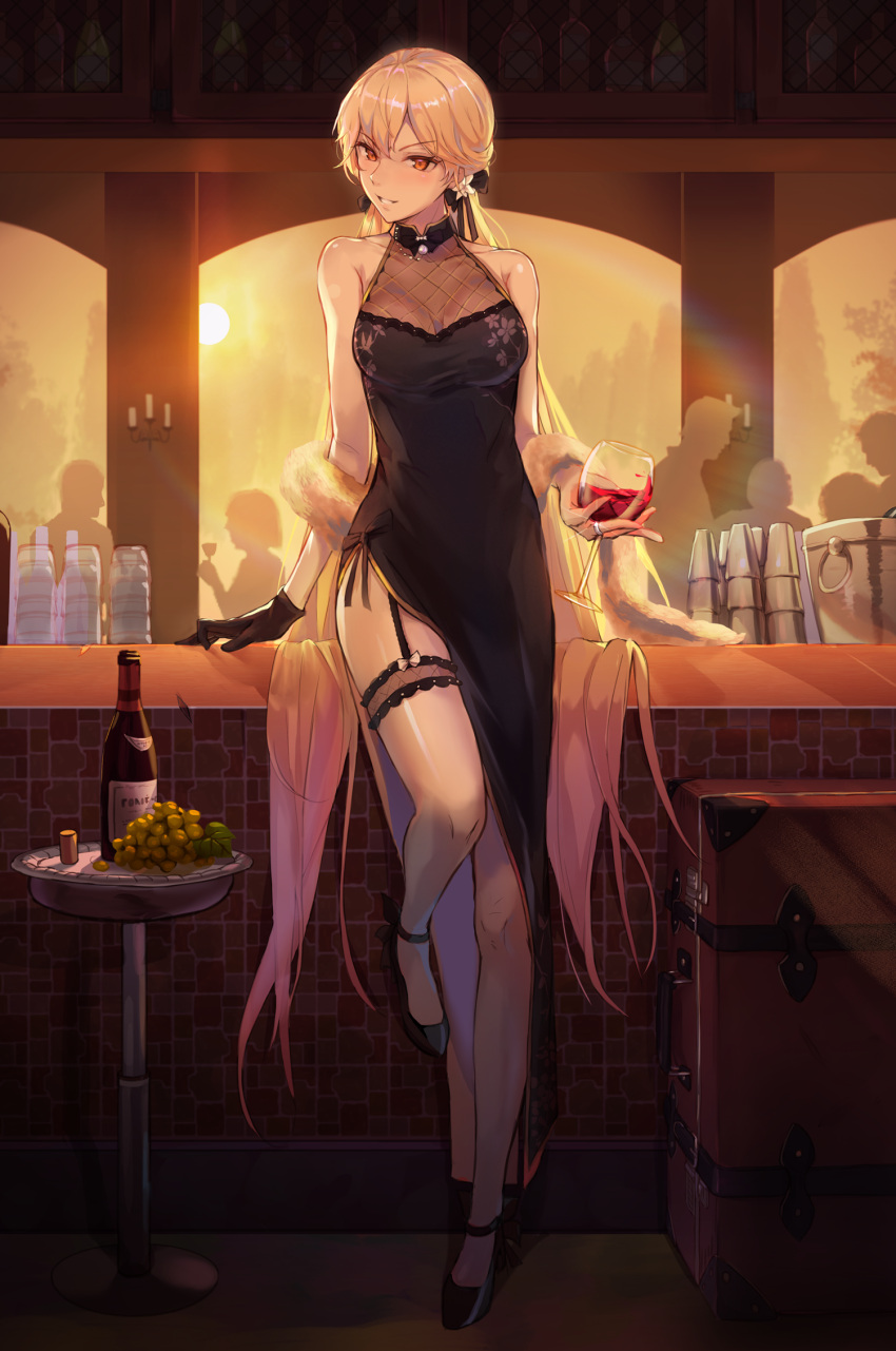 1girl alcohol bare_arms bare_legs bare_shoulders black_dress blonde_hair bottle bucket china_dress chinese_clothes cocktail_dress counter cup dress drinking_glass feather_boa flower food fruit full_body garter_straps girls_frontline gloves grapes high_heels highres jewelry leg_garter long_dress long_hair looking_at_viewer luggage niac ots-14_(girls_frontline) pearl_(gemstone) ribbon ring silhouette single_glove sleeveless sleeveless_dress smile wine wine_bottle wine_glass yellow_eyes
