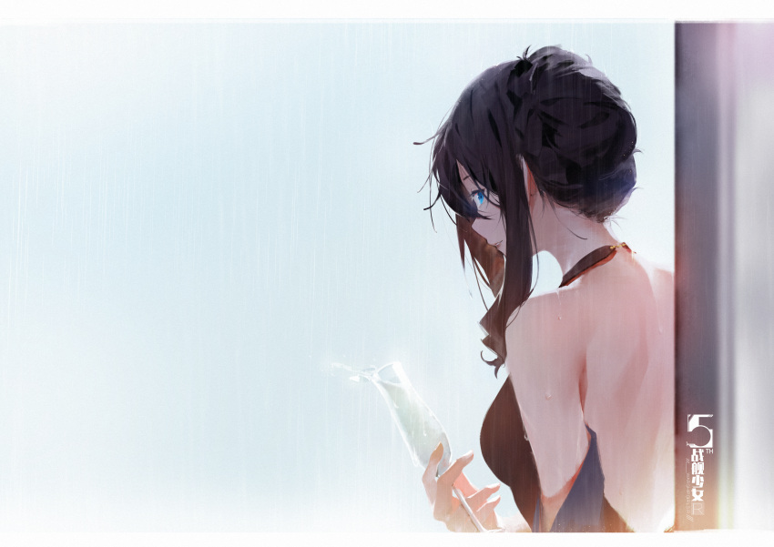 1girl absurdres bangs bare_shoulders black_dress black_hair blue_eyes breasts champagne_flute cup dress drinking_glass hair_up halter_dress highres holding holding_cup huge_filesize long_hair looking_at_viewer medium_breasts myoukou_(warship_girls_r) rain sidelocks sola7764 solo warship_girls_r wavy_hair