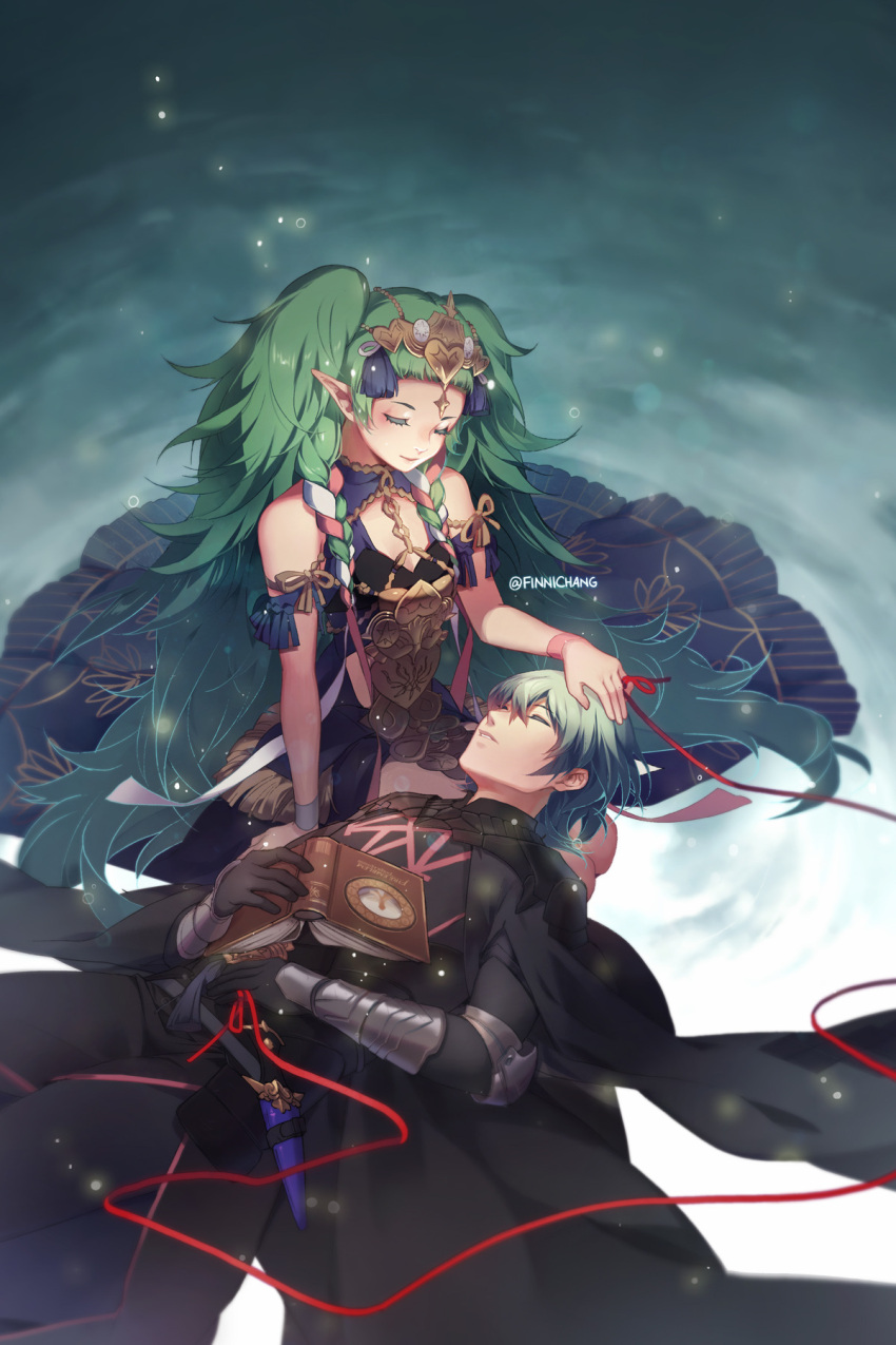 1boy 1girl arm_guards artist_name black_gloves book byleth_(fire_emblem) byleth_eisner_(male) cloak closed_eyes dagger dress finni_chang fire_emblem fire_emblem:_three_houses gloves green_hair highres kneeling lap_pillow long_hair lying medium_hair on_back parted_lips pointy_ears red_string sleeping smile sothis_(fire_emblem) string tiara twintails twitter_username very_long_hair weapon wristband