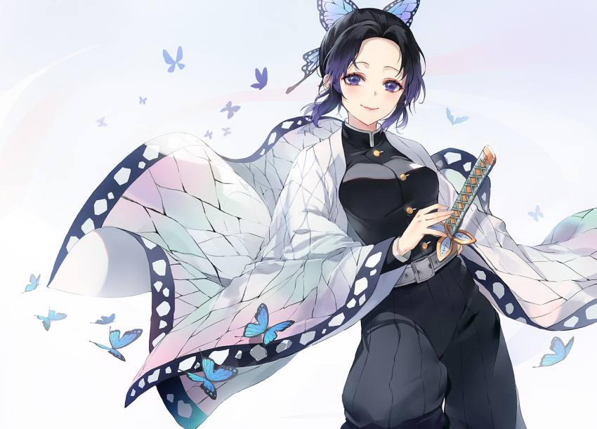 1girl animal bangs black_hair black_jacket black_pants blue_butterfly breasts bug butterfly butterfly_hair_ornament closed_mouth commentary_request forehead gradient_hair hair_ornament insect jacket katana kimetsu_no_yaiba kochou_shinobu long_sleeves looking_at_viewer medium_breasts multicolored_hair open_clothes pants parted_bangs purple_hair smile solo sword violet_eyes weapon wide_sleeves yumaomi