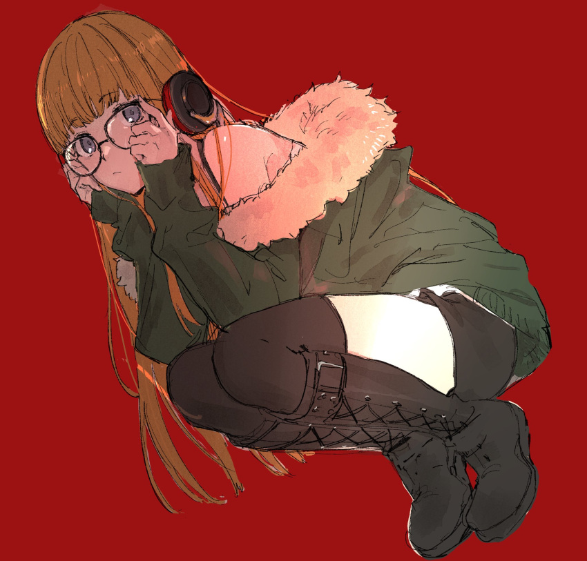 1girl adjusting_eyewear ahoge arms_up bangs bare_shoulders behind-the-head_headphones black_footwear black_legwear black_shorts black_tank_top black_undershirt blunt_bangs boots coat cross-laced_footwear eyebrows_visible_through_hair fur-trimmed_coat fur_trim glasses green_coat hands_on_eyewear hands_up headphones highres hood hood_down hooded_coat lace-up_boots long_hair long_sleeves looking_to_the_side off-shoulder_shirt off_shoulder orange_hair persona persona_5 red_background sakura_futaba shirt short_shorts shorts simple_background solo sugimoto_(niboshiumai) t-shirt tank_top thigh-highs v_arms violet_eyes white_shirt