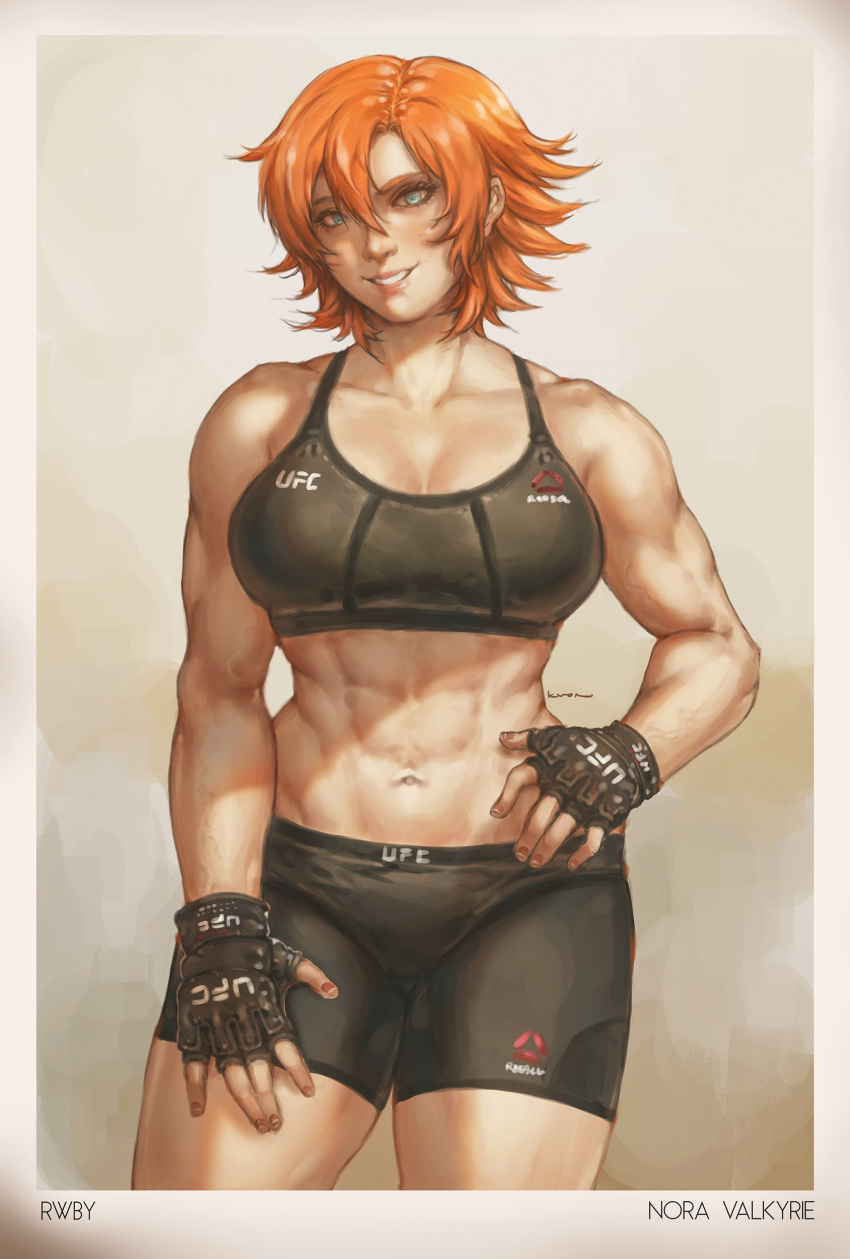 absurdres alternate_costume bike_shorts blue_eyes border breasts character_name copyright_name cowboy_shot fingerless_gloves gloves hair_between_eyes hand_on_hip highres kuon_(kwonchanji) medium_breasts muscle muscular_female navel nora_valkyrie orange_hair painterly rwby short_hair smile sports_bra thighs ultimate_fighting_championship white_border