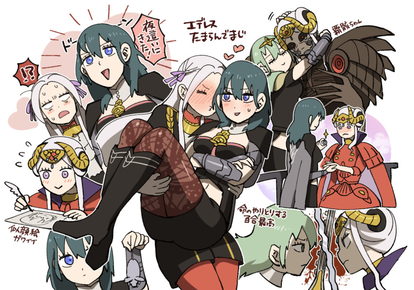 2girls blonde_hair blue_eyes blush boots breasts byleth_(fire_emblem) byleth_eisner_(female) cape carrying chibi clash couple crossed_arms drawing duel edelgard_von_hresvelg embarrassed fire_emblem fire_emblem:_three_houses garreg_mach_monastery_uniform gloves hair_ornament hair_ribbon holding horns hug jewelry knee_boots korokorokoroko long_hair monster mouse multiple_girls navel o3o older pantyhose princess_carry proposal red_legwear ribbon ring shorts simple_background smile spoilers sword tears uniform weapon yuri