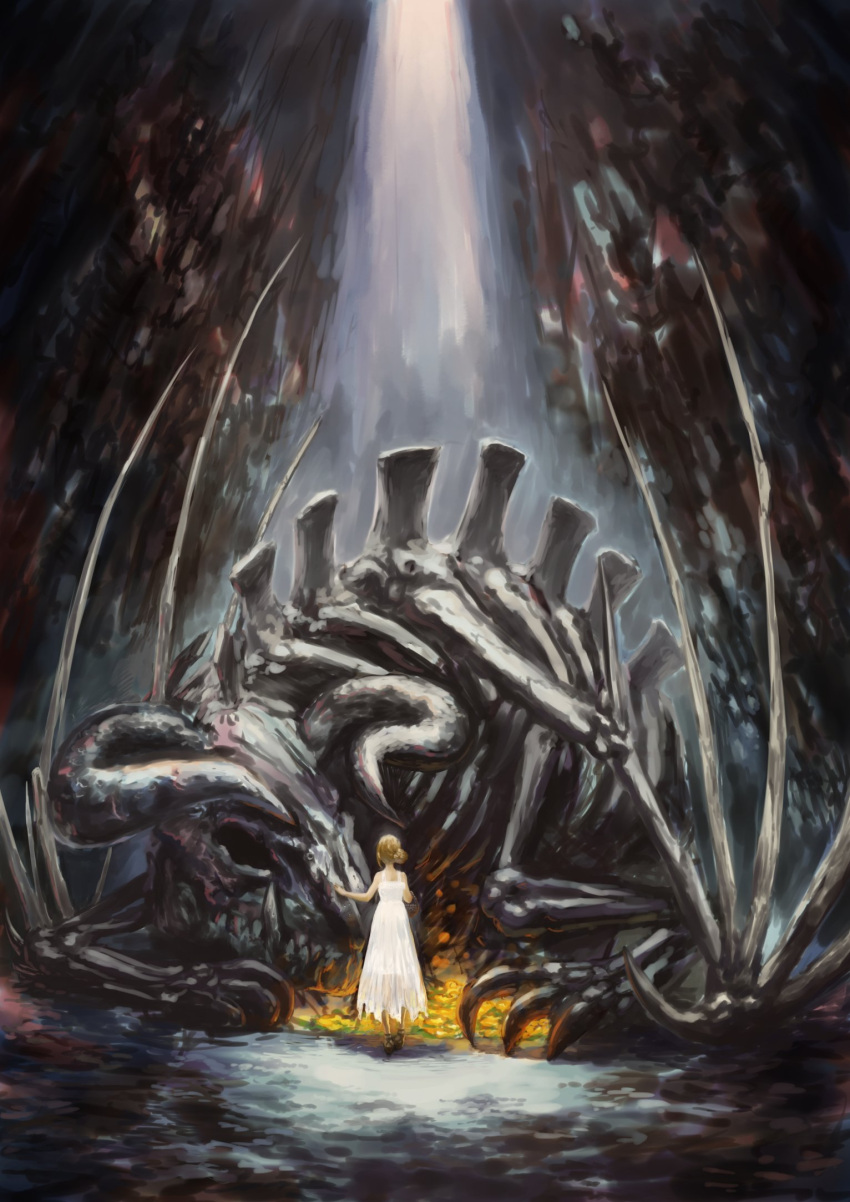 1girl bare_shoulders basket blonde_hair bone cave dragon dress flower flower_bed highres holding holding_basket medium_hair nemoto_yuuma original ribs skeleton skull solo spine tied_hair white_dress white_flower wings yellow_flower