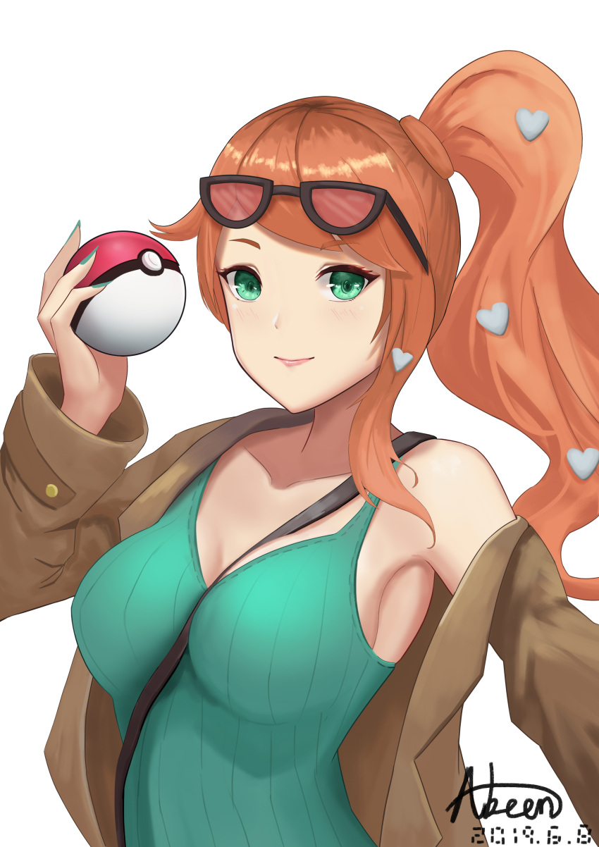 10s 1girl 2019 abeen_jhong absurdres artist_name bare_shoulders between_breasts breasts brown_jacket collarbone commentary_request creatures_(company) cute eyewear_on_head female_focus game_freak green_eyes green_nails hair_ornament heart heart_hair_ornament highres holding_poke_ball jacket long_sleeves looking_at_viewer nail_polish nintendo olm_digital orange_hair parted_lips poke_ball poke_ball_(generic) pokemon pokemon_(anime) pokemon_(game) pokemon_swsh ribbed_sweater shirt side_ponytail solo sonia_(pokemon) strap_between_breasts striped striped_shirt sunglasses sweater upper_body