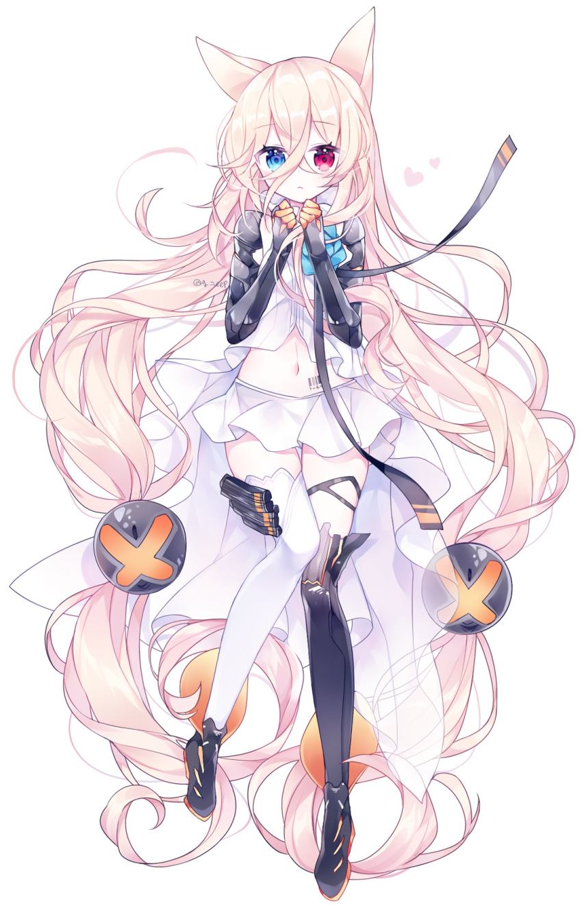 1girl absurdly_long_hair animal_ears babydoll bangs black_footwear black_legwear blonde_hair blue_eyes blush boots closed_mouth commentary eyebrows_visible_through_hair g41_(girls_frontline) g_ieep girls_frontline hair_between_eyes hair_ornament hands_up heterochromia highres long_hair looking_at_viewer mismatched_legwear navel pleated_skirt red_eyes simple_background skirt solo thigh-highs very_long_hair white_babydoll white_background white_legwear white_skirt