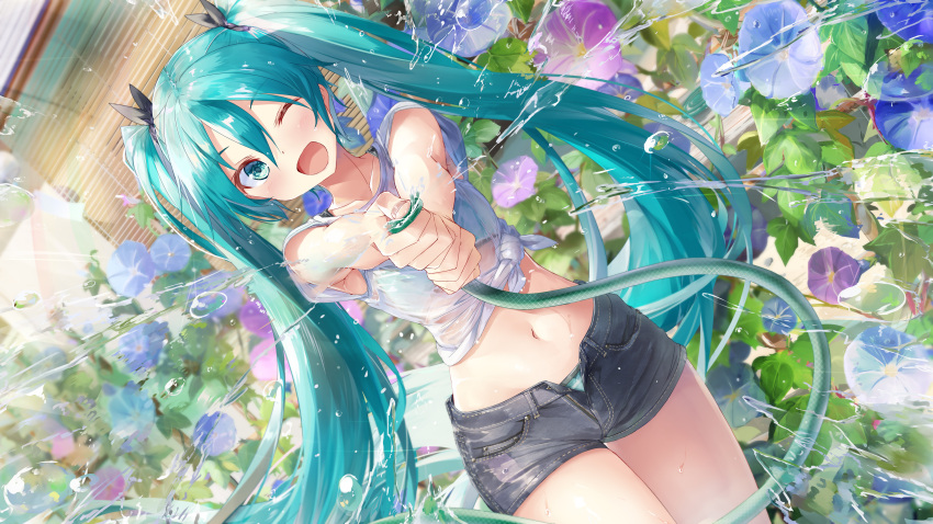 ;d absurdres aqua_bikini aqua_eyes aqua_hair bamboo_screen bare_arms bikini bikini_under_clothes black_shorts blurry clenched_hands commentary_request cowboy_shot daidou_(demitasse) day depth_of_field dutch_angle fingernails flower hair_between_eyes hair_ribbon happy hatsune_miku highres holding holding_hose hose long_hair looking_at_viewer midriff morning_glory navel one_eye_closed open_fly open_mouth outstretched_arms ribbon shirt short_shorts shorts smile splashing summer swimsuit tied_shirt twintails up_sleeve v_arms very_long_hair vocaloid water wet wet_clothes wet_shirt white_shirt
