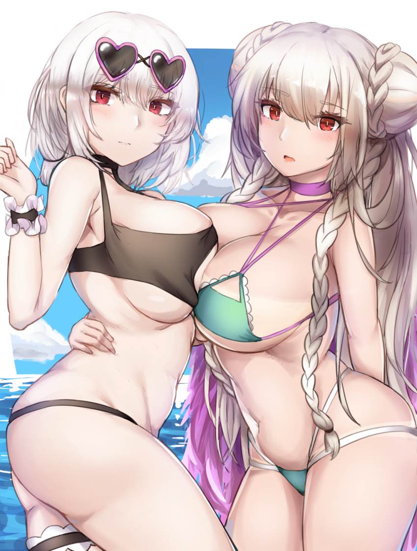 2girls aqua_bikini arm_around_waist arm_behind_back ass azur_lane bangs bare_arms bare_shoulders bikini black_bikini blue_sky blush braid braided_bun breast_press breasts choker clouds commentary_request cowboy_shot criss-cross_halter day double_bun eyebrows_visible_through_hair eyewear_on_head formidable_(azur_lane) formidable_(the_lady_of_the_beach)_(azur_lane) halterneck hand_up heart heart-shaped_eyewear highres large_breasts long_hair looking_at_viewer multiple_girls navel ocean open_mouth outdoors pink-framed_eyewear purple_choker red_eyes short_hair silver_hair sirius_(azur_lane) sirius_(midsummer_seirios)_(azur_lane) sky standing stomach sunglasses swimsuit symmetrical_docking thigh_strap thighs twin_braids uchisukui water wrist_cuffs