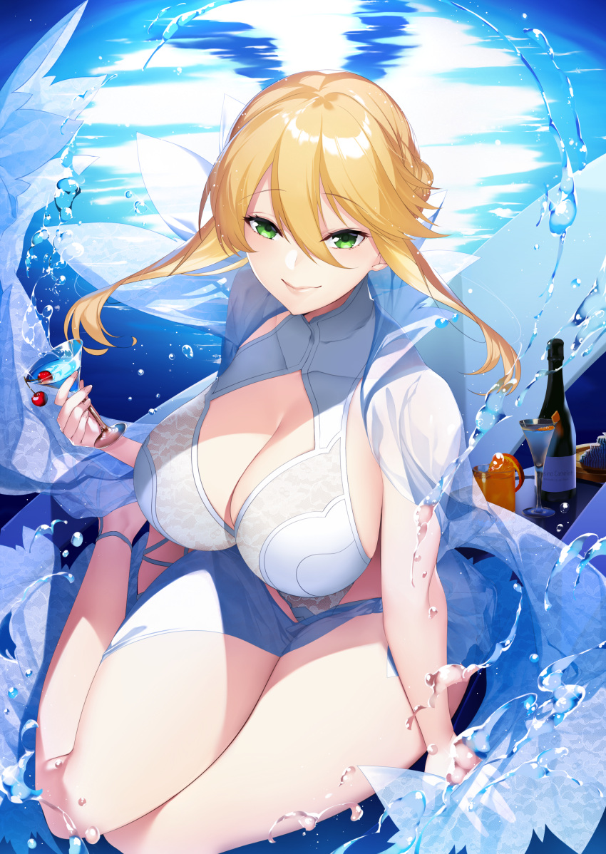 1girl absurdres artoria_pendragon_(all) artoria_pendragon_(swimsuit_ruler)_(fate) bangs blonde_hair blush bottle bow breasts cape cocktail_glass cup drinking_glass eyebrows_visible_through_hair fate/grand_order fate_(series) green_eyes hair_bow hamada_pochiwo highres large_breasts long_hair looking_at_viewer one-piece_swimsuit sidelocks smile solo swept_bangs swimsuit water white_swimsuit wine_bottle