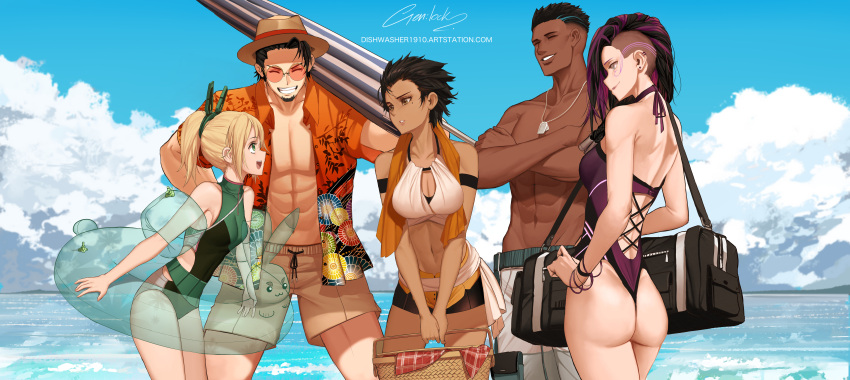 2boys 3girls abs absurdres beach bikini cameron_maccloud dark_skin dishwasher1910 gen_lock half_updo highres julian_chase kazu_iida long_hair multiple_boys multiple_girls ponytail short_hair smile standing swimsuit valentina_romanyszyn yasamin_madrani