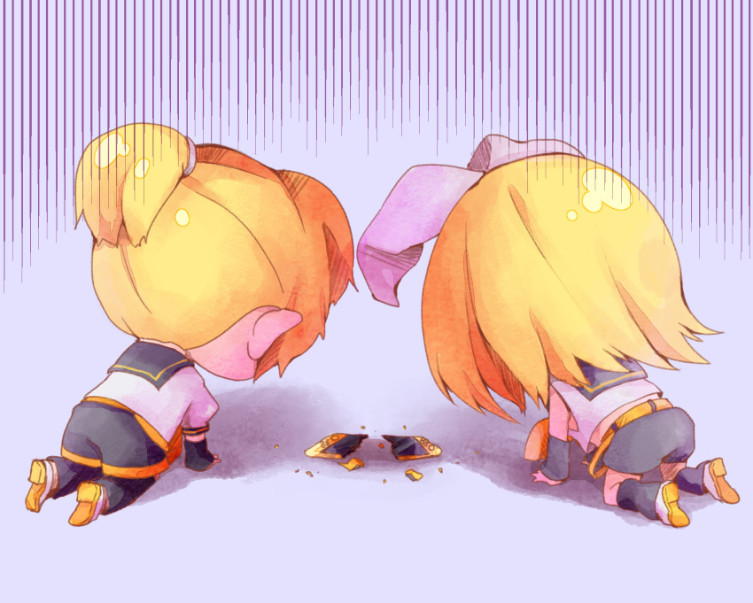 1boy 1girl all_fours arm_warmers belt black_collar black_shorts black_sleeves blonde_hair bow broken brother_and_sister chibi collar commentary despair emphasis_lines from_behind hair_bow handheld_game_console harusamesyota highres kagamine_len kagamine_rin looking_down sailor_collar school_uniform shirt shoes short_hair short_ponytail short_sleeves shorts siblings twins vocaloid white_bow white_footwear white_shirt