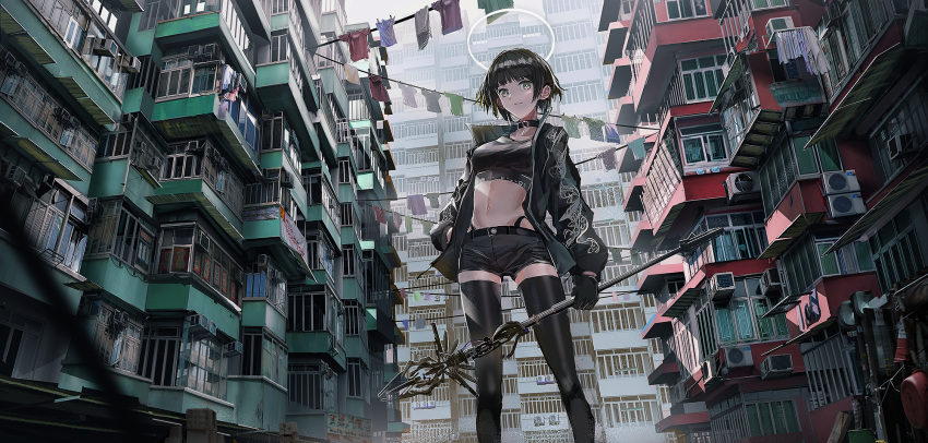 1girl air_conditioner black_collar black_gloves black_hair black_jacket black_legwear black_shirt black_shorts blurry blurry_foreground breasts brown_eyes building closed_mouth collar crop_top day depth_of_field gloves halo highres holding jacket long_sleeves looking_at_viewer medium_breasts midriff navel open_clothes open_jacket original outdoors puffy_long_sleeves puffy_sleeves shirt short_hair short_shorts shorts solo standing swav thigh-highs window