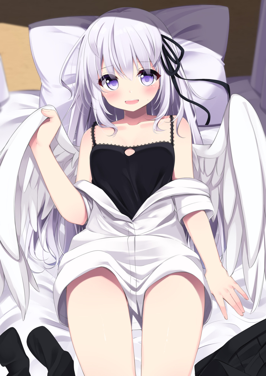 1girl :d angel angel_wings bare_shoulders black_legwear black_shirt black_skirt blush camisole collarbone commentary_request feathered_wings hair_ribbon highres long_hair looking_at_viewer lying off_shoulder on_back on_bed open_mouth original pillow ribbon sasahara_wakaba shirt skirt skirt_removed sleeveless sleeveless_shirt smile socks socks_removed solo violet_eyes white_hair white_shirt wings