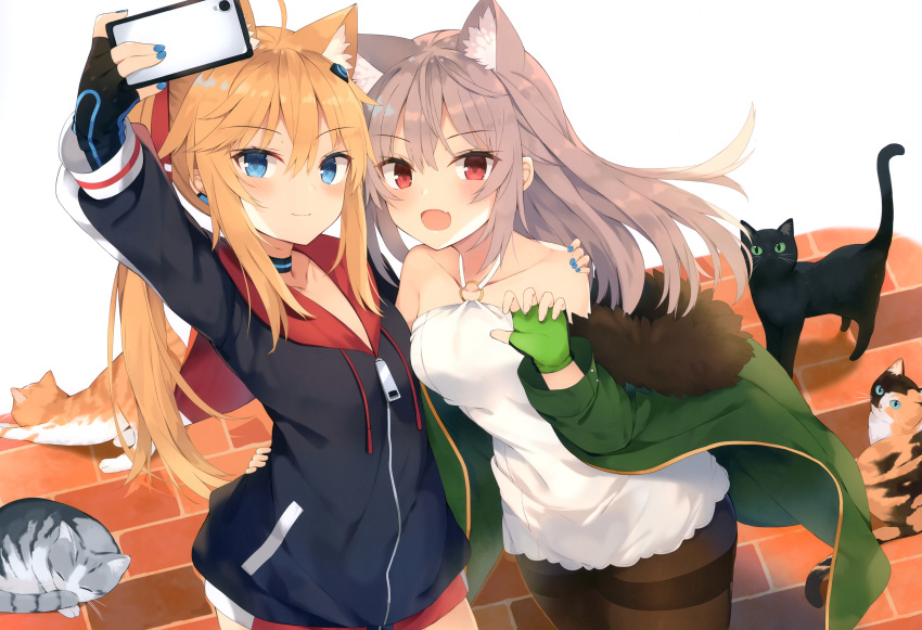2girls :d absurdres ahoge animal animal_ear_fluff animal_ears arm_up bare_shoulders black_cat black_jacket blue_eyes blue_nails brown_hair brown_legwear cat cat_stretch choker collarbone cowboy_shot drawstring dress earrings extra_ears fang fingerless_gloves fox_ears fox_girl fur_collar gloves green_jacket hair_ornament hair_ribbon halterneck hand_on_another's_shoulder highres holding holding_phone huge_filesize jacket jewelry long_hair long_sleeves looking_at_viewer multiple_girls nail_polish nibiiro_shizuka o-ring off_shoulder open_clothes open_jacket open_mouth orange_hair original outstretched_arm pantyhose phone ponytail red_eyes ribbon scan self_shot sidelocks smile standing thighband_pantyhose white_dress zipper_pull_tab
