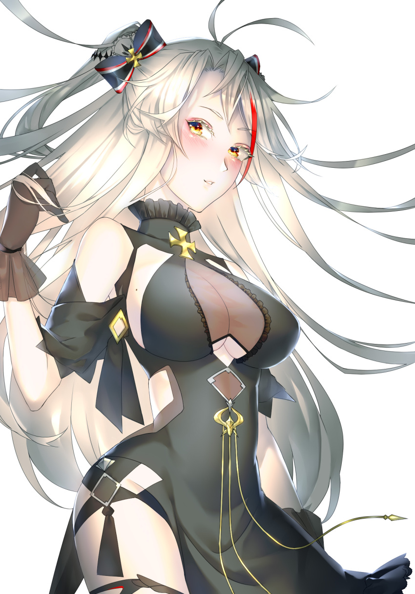 1girl alternate_costume antenna_hair artist_request azur_lane bangs black_dress black_gloves blush breasts commentary_request dress eyelashes floating_hair gloves hair_between_eyes hair_ribbon highres large_breasts long_hair looking_at_viewer multicolored_hair parted_lips prinz_eugen_(azur_lane) prinz_eugen_(cordial_cornflower)_(azur_lane) redhead ribbon sidelocks silver_hair simple_background solo standing streaked_hair teeth tied_hair two_side_up very_long_hair white_background yellow_eyes