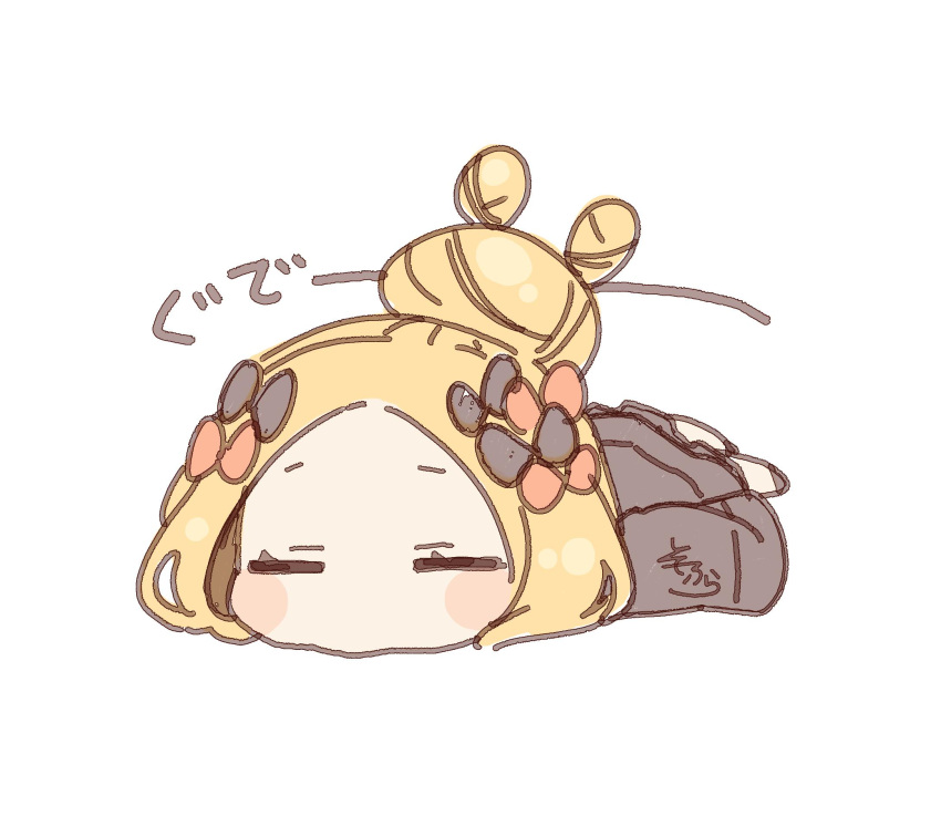 1girl abigail_williams_(fate/grand_order) bangs black_bow black_jacket blonde_hair blush_stickers bow chibi closed_eyes cute facing_viewer fate/grand_order fate/stay_night fate_(series) forehead full_body hair_bow hair_bun heroic_spirit_traveling_outfit highres jacket loli long_sleeves lying on_stomach orange_bow parted_bangs simple_background sleeping sleeves_past_fingers sleeves_past_wrists sofra solo type-moon ufotable white_background