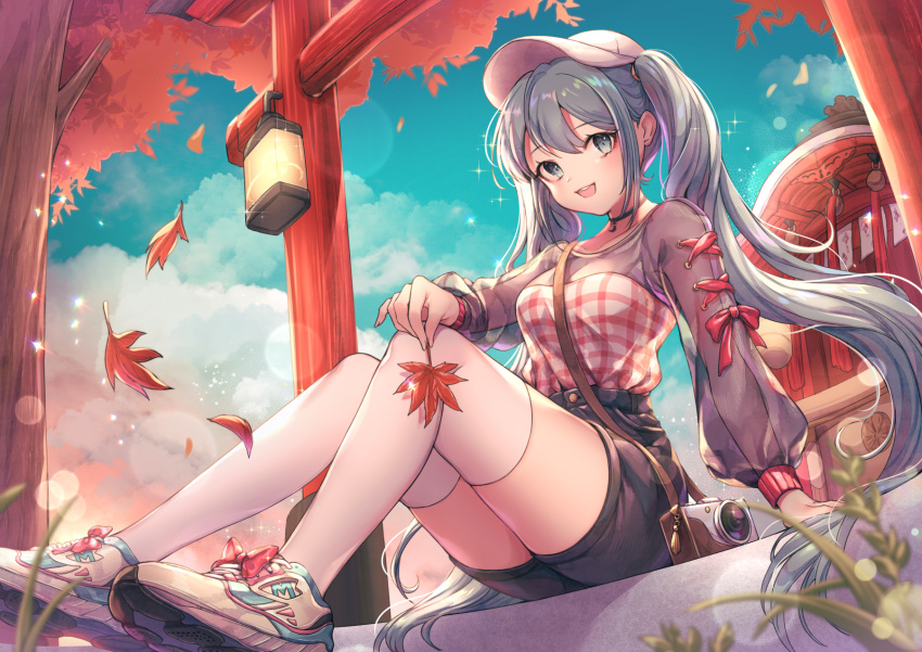 1girl baseball_cap clouds hat hatsune_miku highres leaf long_hair open_mouth outdoors ozzingo shoes shorts sitting sky sneakers solo thigh-highs torii tree twintails very_long_hair vocaloid
