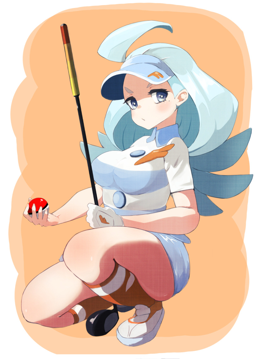 1girl ahoge blue_eyes blue_hair blue_skirt breasts full_body golf_club highres kahili_(pokemon) looking_at_viewer mole mole_under_eye pencil_skirt poke_ball pokemon pokemon_(game) pokemon_sm shoes short_sleeves skirt socks solo squatting visor_cap