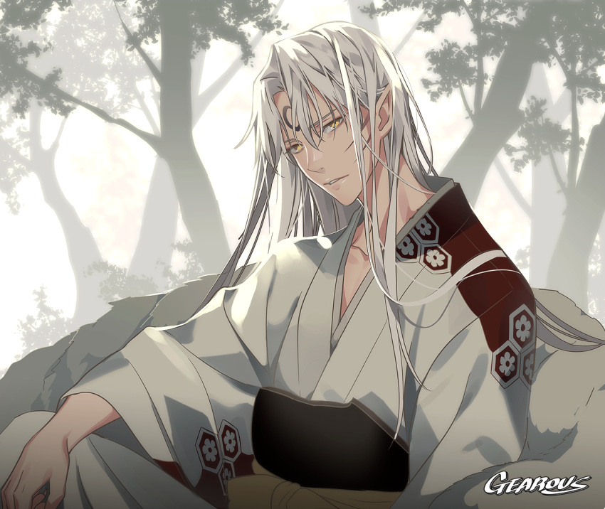 1boy armor artist_name crescent facial_mark forehead_mark fur gearous inuyasha japanese_clothes lips long_hair looking_at_viewer male_focus pointy_ears sesshoumaru silver_hair sitting solo upper_body yellow_eyes