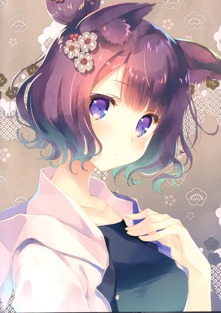 1girl absurdres animal_ear_fluff animal_ears bangs black_shirt blue_eyes cat_ears closed_mouth collarbone eyebrows_visible_through_hair fate/grand_order fate_(series) fingernails hair_bun hair_ornament hand_on_own_chest hand_up head_tilt highres hood hood_down hooded_jacket jacket katsushika_hokusai_(fate/grand_order) looking_at_viewer mitsumi_misato open_clothes open_jacket purple_hair scan shiny shiny_hair shirt short_hair simple_background solo upper_body white_jacket