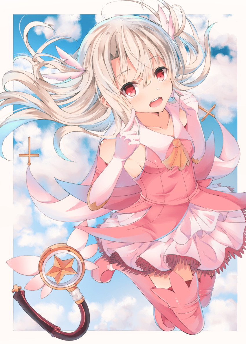 1girl :d ascot bangs bare_shoulders blue_sky blush boots brown_neckwear clouds cloudy_sky collared_shirt commentary_request day detached_sleeves elbow_gloves eyebrows_visible_through_hair fate/kaleid_liner_prisma_illya fate_(series) fingers_to_cheeks full_body gloves grey_hair hair_between_eyes highres illyasviel_von_einzbern latin_cross long_hair long_sleeves magical_ruby open_mouth pink_footwear pink_legwear pink_shirt pink_sleeves pleated_skirt prisma_illya red_eyes round_teeth shirt skirt sky sleeveless sleeveless_shirt smile solo teeth thigh-highs thigh_boots two_side_up upper_teeth very_long_hair white_gloves white_skirt yuzuzukushi