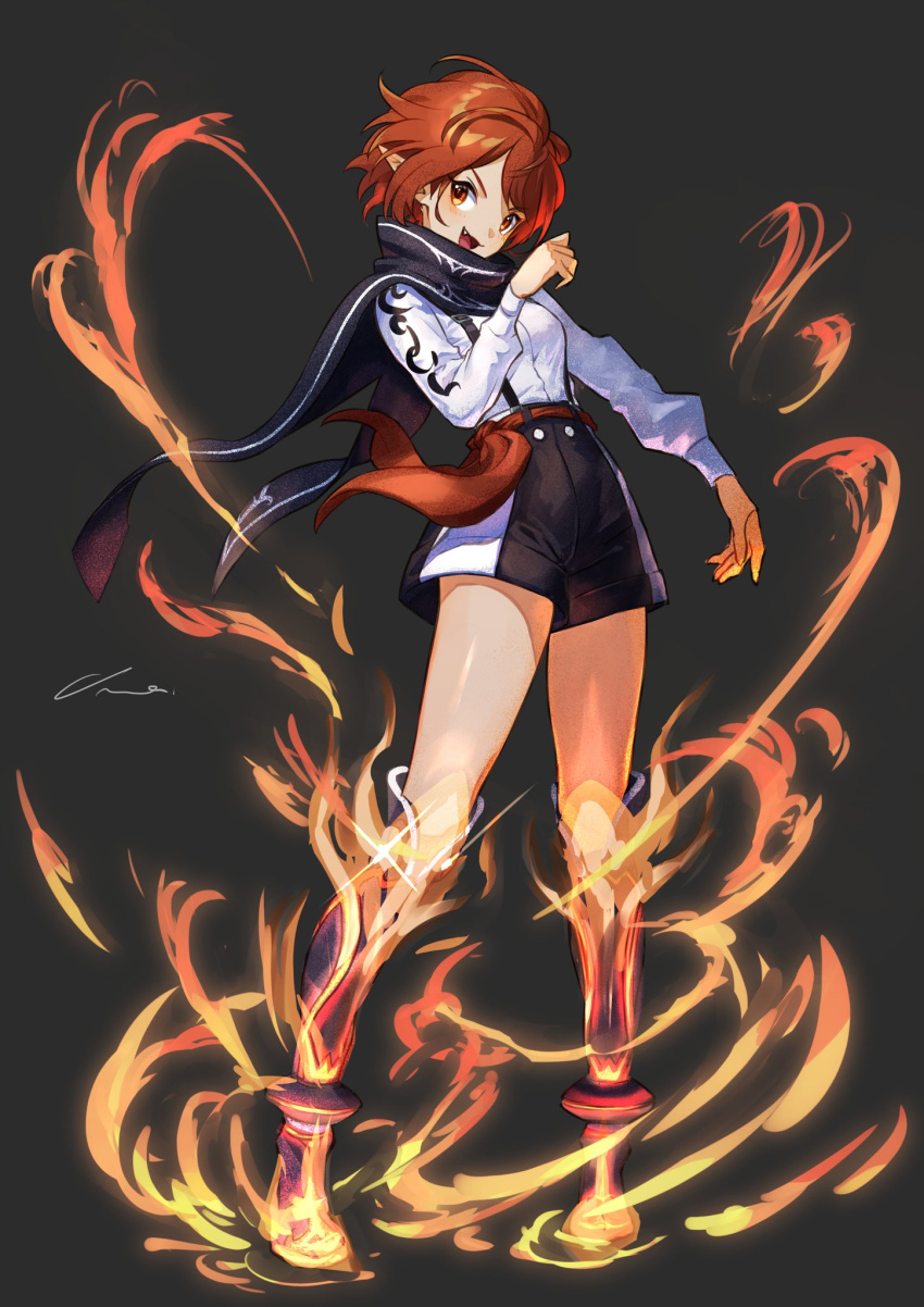 1girl fang fire greaves grey_background highres nemoto_yuuma open_mouth orange_eyes orange_hair original pointy_ears shiny shiny_skin short_shorts shorts simple_background smile solo