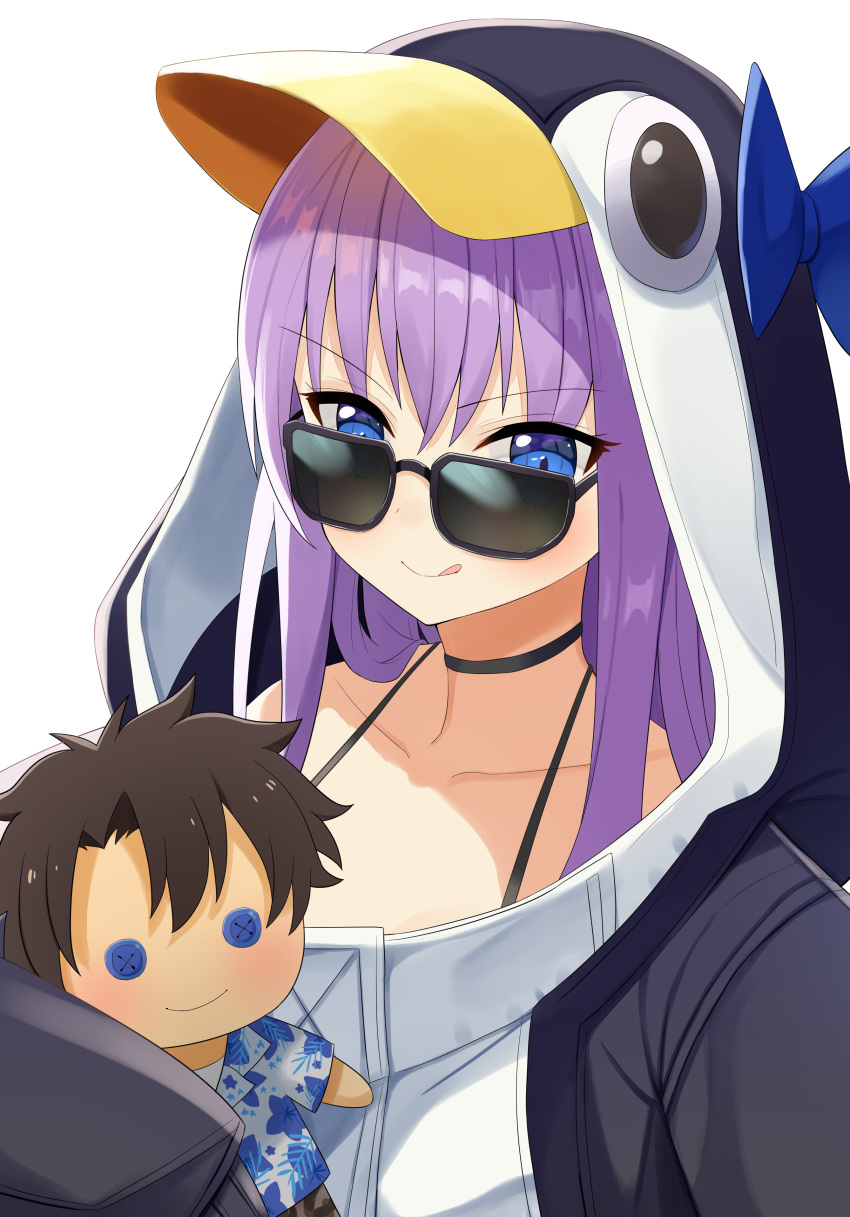 1girl absurdres animal_hood bangs black_jacket blue_eyes blue_ribbon blush breasts choker closed_mouth collarbone fate/grand_order fate_(series) fujimaru_ritsuka_(male) hair_between_eyes highres hood jacket licking_lips long_hair long_sleeves looking_at_viewer meltryllis meltryllis_(swimsuit_lancer)_(fate) penguin_hood purple_hair ribbon simple_background sleeves_past_fingers sleeves_past_wrists small_breasts smile solo stuffed_toy sunglasses tongue tongue_out tyoko_tanuki16 very_long_hair white_background