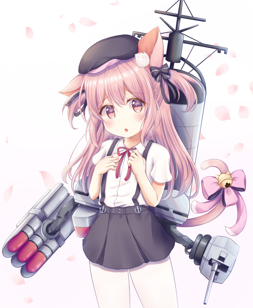 1girl animal_ear_fluff animal_ears azur_lane bell black_headwear black_skirt cannon cat_ears cat_tail cherry_blossoms commentary_request hands_on_own_chest hat highres jingle_bell kisaragi_(azur_lane) long_hair minakami_mimimi open_mouth pantyhose petals pink_background pink_eyes pink_hair ribbon rigging school_uniform shirt short_sleeves simple_background skirt solo suspender_skirt suspenders tail tail_ornament tail_ribbon torpedo two_side_up weapon white_legwear white_shirt