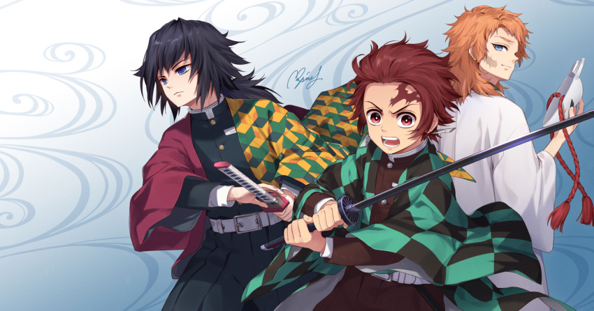 3boys belt belt_buckle black_hair blue_background blue_eyes brown_hair buckle checkered closed_mouth commentary_request cowboy_shot earrings facial_scar fox_mask haori holding holding_mask holding_sword holding_weapon japanese_clothes jewelry kamado_tanjirou katana kimetsu_no_yaiba long_hair long_sleeves low_ponytail male_focus mask multiple_boys open_mouth orange_hair red_eyes rupinesu sabito_(kimetsu) scar sheath signature sword tomioka_giyuu two-handed uniform unsheathing weapon white_belt