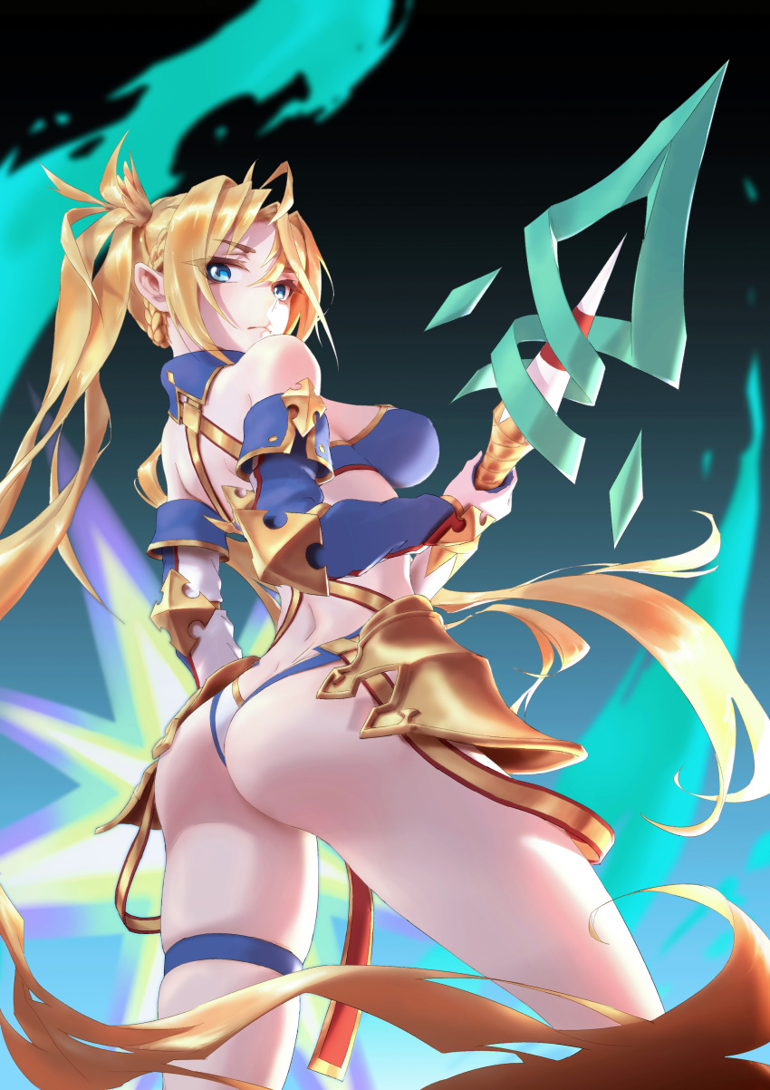 1girl absurdres ass back bangs bare_shoulders bikini blonde_hair blue_bikini blue_eyes bradamante_(fate/grand_order) braid breasts crown_braid elbow_gloves energy_shield fate/grand_order fate_(series) faulds gloves gradient gradient_background hair_between_eyes highres large_breasts long_hair looking_at_viewer looking_back scepter solo swimsuit thigh_strap thighs twintails two-tone_bikini very_long_hair white_bikini wilson_zhu