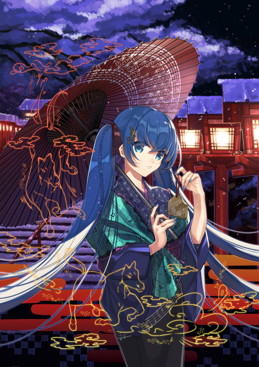 1girl absurdres alternate_costume alternate_hair_color black_ribbon blue_eyes blue_hair blue_kimono blue_nails citron_82 commentary_request eyebrows_visible_through_hair hair_ornament hair_ribbon hatsune_miku highres holding holding_umbrella horse huge_filesize japanese_clothes kimono lamp long_hair musical_note_hair_ornament ribbon smile solo twintails umbrella very_long_hair vocaloid